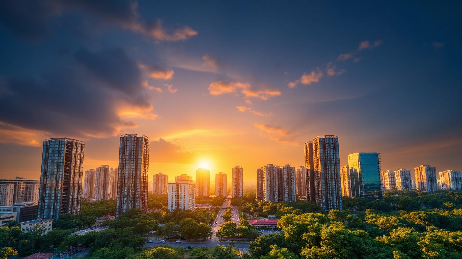 Modern residential skyline in Dhaka at sunset